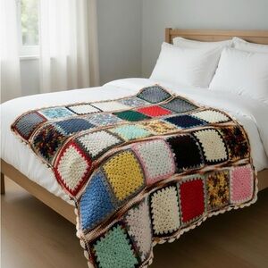 Vintage Colorful Crochet Granny Square Throw - Multicolor